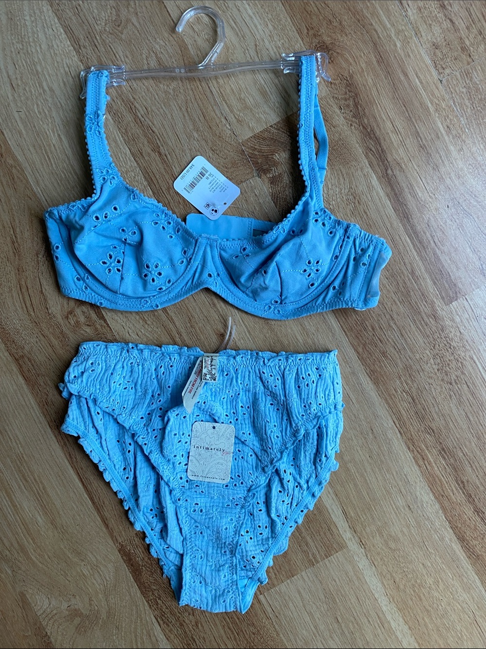 Intimately Free People Eyelet bra and panty set Set  Clear Sky Misty blue NWT